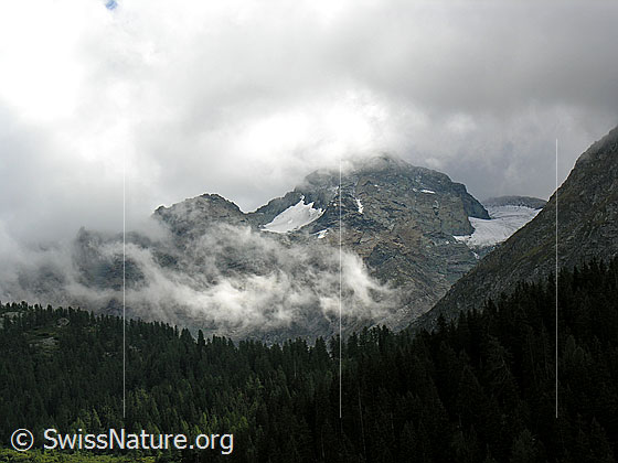 Foto: Stimmung mit Licht und Schatten am Schwarzhorn. Rechts der Schwärzegletscher. Nebelfetzen/Wolkenfetzen an der Nordflanke des Schwarzhorns.