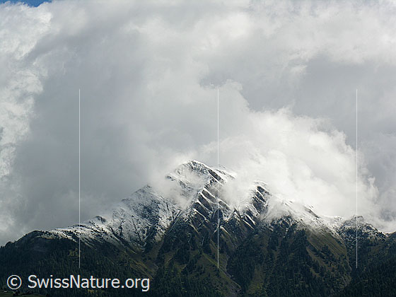 Foto: Berg mit deutlicher Schneefallgrenze. Nach einem kurzen Wintereinbruch reissen die Wolken auf und die Pyramide des Eggerhorns wird sichtbar. Die Struktur im Fels wird durch die dünne Neuschneeschicht noch unterstrichen.
