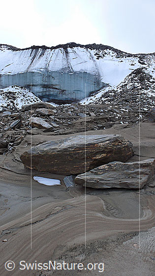 Foto: Eisrand eines Gletschersees. Durch Erosion lösen sich Steine an der Kante und rutschen auf das darunter liegende Eis und Geröll ab. Die Felsblöcke im Vordergrund sind von Sand und Lehm umgeben.
