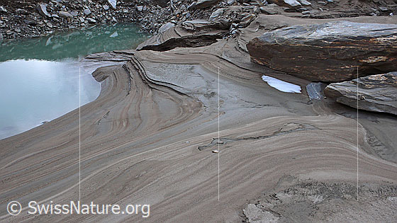 Foto: Sandablagerung am Ufer eines Gletschersees. Der Wasserspiegel hat sich schrittweise um mehrere Meter abgesenkt und diese Strukturen im Sand hinterlassen.