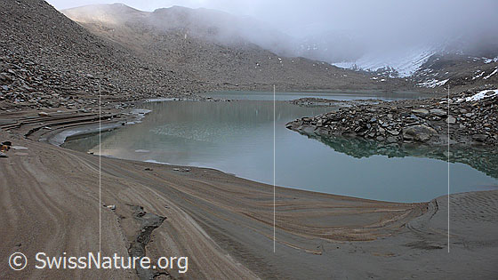 Foto: Gletschersee nach Absenkung des Wasserspiegels um mehrere Meter. Der schrittweise Wasserrückgang wird in der Sandablagerung am Ufer gut sichtbar.