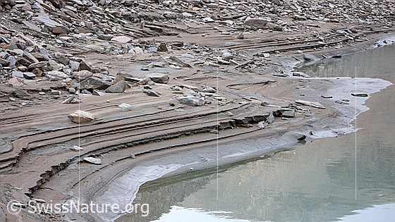 Foto: Gesteins- und Sandablagerung am Ufer eines Gletschersees. Der Seespiegel hat sich schrittweise um mehrere Meter abgesenkt und diese interessanten Spuren im Sand hinterlassen.