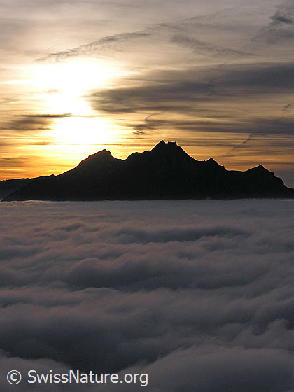 Foto: Nebelmeer und Pilatus mit Abendstimmung und Sonnenuntergang.