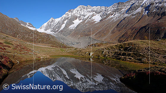Foto: Spiegelung im Guggisee.
Gipfel und Übergänge: Lötschenlücke - Sattelhorn - Schinhorn.
Gletscher: Langgletscher