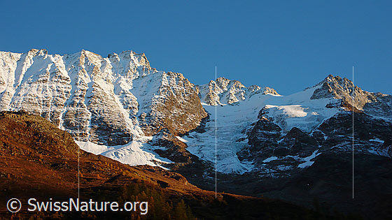 Foto: Breitlauihorn, Loibinbachgletscher (links), Oigschtchummungletscher (rechts) und Chiehorn. Im Vordergrund ein sonnenbeschienener Berghang in den Herbstfarben.