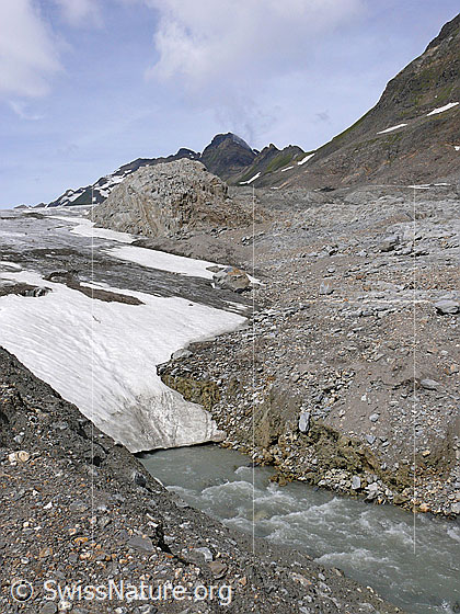 Foto: Gletschertor des Griesgletschers und Gletscherbach.
