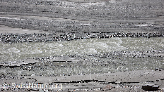 Foto: Gletscherbach und Sandablagerung in Schwemmlandschaft.