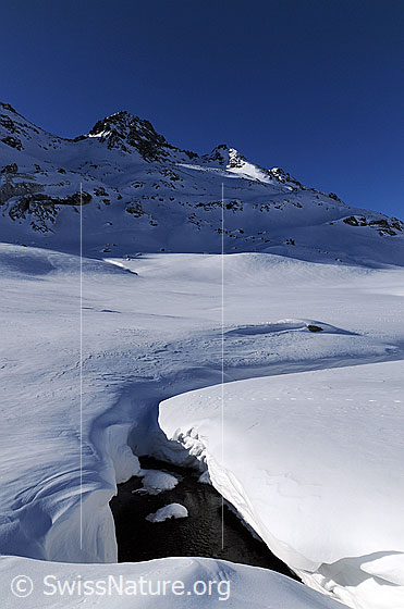 Foto: Schneeverwehung an Bergbach und Blick über die Winterlandschaft zu Valdeserta und Bochtehorn.