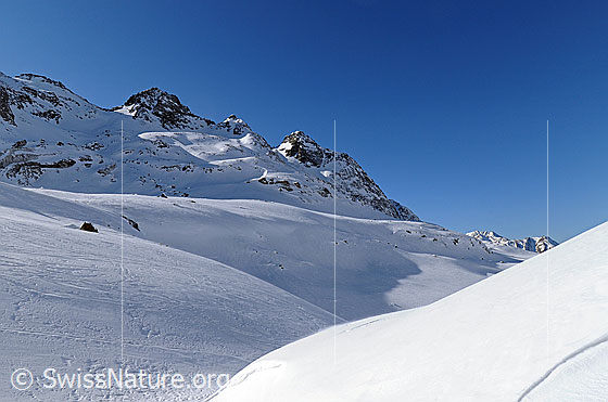Foto: Bochtehorn und Seewischhorn mit Streiflicht in der schneebedeckten Berglandschaft.