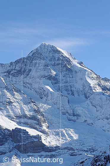 Foto: Portrait Mönch. Links im Bild die Nordwandrippe (Lauper-Route) rechts das Nordwestbollwerk (Nollen). Dazwischen die Nordwand. Davor/darunter Eigergletscher.