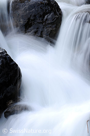 Foto: Langzeitbelichtung: Ausschnitt aus einem Bergbach. Das Wasser umfliesst grosse Felsblöcke.