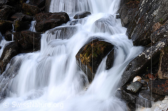 Foto: Langzeitaufnahme eines Wasserfalls in einem Bergbach. Das Wasser fliesst über Stufen und Felsblöcke.