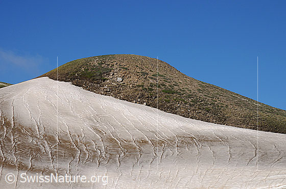 Foto: Berg mit Schneefeld. Im Schnee sind Muster und Saharastaub erkennbar.