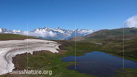 Foto: Schneefeld und Bergsee mit Berner Alpen im Hintergrund.