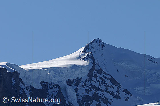 Foto: Portrait Nordend. Die Normalroute führt von rechts vom Silbersattel über den Südgrat (S-Grat) zum Nordend.
In der Fallinie des Gipfels ist der Westsporn (W-Sporn, sog. Morshead-Sporn) zu sehen, über welchen eine schwierige Route zum Gipfel führt.