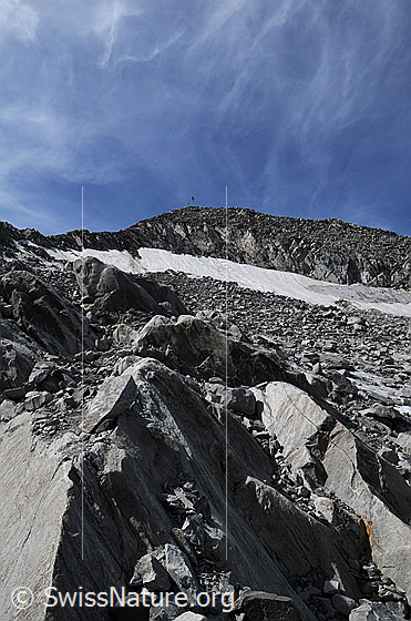 Foto: Gipfel des Pizzo Lucendro, lose Geröllfelder und Reste des Lucendrogletschers (Ghiacciaio di Lucendro). Federwolken zieren den blauen Himmel.