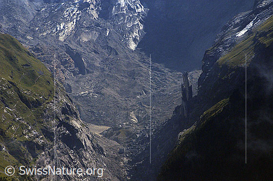 Foto: Unterer Grindelwaldgletscher. Blick auf das Gebiet, welches ca. 2007 für Schlagzeilen sorgte. Rechts ist die Felsscholle zu sehen, welche sich vom Eiger gelöst hat. Dahinter die Zunge des Unteren Grindelwaldgletschers. In diesem Bereich bildet sich der Gletschersee, welcher Grindelwald bedroht. Ein Entlastungsstollen soll die Gefahr lindern.
Der Gletscher verfügt über eine Obermoräne.

