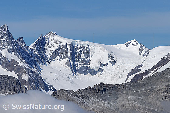 Foto: Hinter Fiescherhorn, Ochs und Walliser Fiescherfirn. Links sind Gross Grünhorn und Klein Grünhorn zu sehen.
