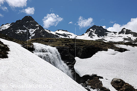 Foto: Felsstufe mit sprudelndem Wasserfall und Schneefeldern in Berglandschaft mit lockerer Quellbewölkung.