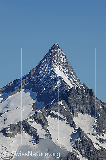 Foto: Bergpyramide Finsteraarhorn von SE. Vorgelagert sind das Wasenhorn und der Hangendgletscher zu sehen.