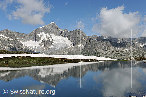 Foto: Schwärziseeli und Galenstock mit Spiegelbild. Am Ufer des Bergsees liegt ein schmales Schneefeld und am Himmel sind Quellwolken zu sehen.
Gletscher: Sidelengletscher