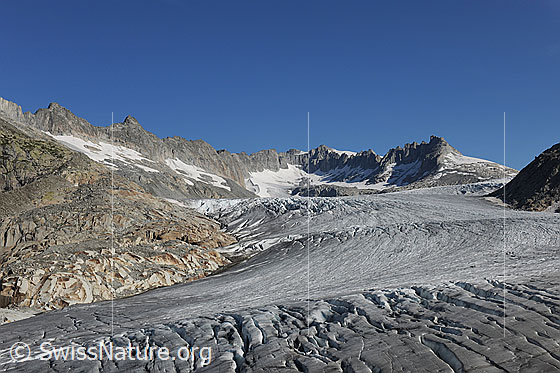 Foto: Rhonegletscher und Gelmerhörner. Blick über den Gletscherstrom mit Spaltenzonen zu den Hinteren Gelmerhörnern.
