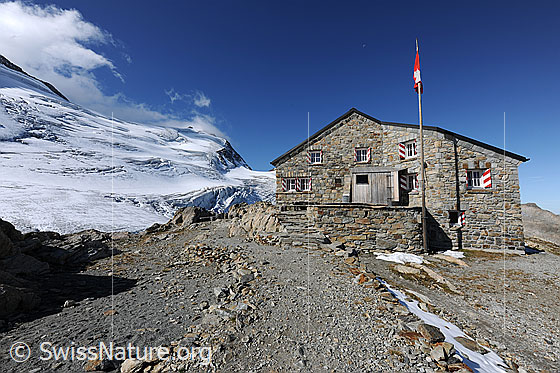 Foto: Tierberglihütte (SAC-Hütte). Im Hintergrund der Steilimigletscher (Steinlimigletscher).