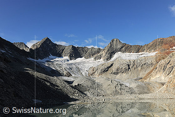 Foto: Gruebengletscher mit schuttbedeckter Zunge. D.h. die Zunge verfügt über eine Obermoräne.
Gipfel: Gross Diamantstock - Hiendertelltihorn.
