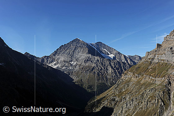 Foto: Ferdenrothorn, Gitzifurge, Balmhorn, Altels und Ober Tatelishorn.
Im Vordergrund der hinterste Teil des Gasteretals mit Licht und Schatten.