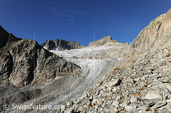 Foto: Bächlistock, Gross Diamantstock und Bächligletscher.
Dazwischen die Obri Bächli-Licken. Links ein Ausläufer des Brandlammhorns.