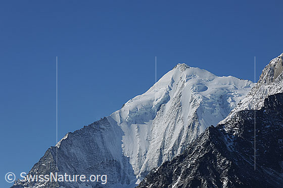 Foto: Weisshorn, Walliser Alpen. Ansicht Gipfel mit Ostgrat und Hängegletscher (Bisgletscher).