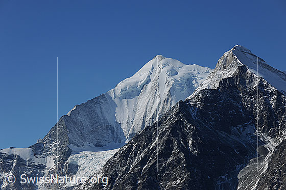 Foto: Weisshorn und Brunegghorn.
Gletscher: Bisgletscher mit Hängegletscher und Holzgletscher, welcher mit Geröll bedeckt ist.