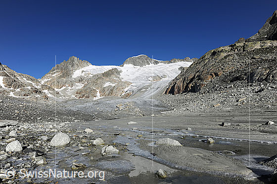 Foto: Tiefengletscher und Gletschervorfeld mit Sandablagerungen. Die abgeflachte Gletscherzunge führt Geröll mit. Im Hintergrund sind Gross Bielenhorn und Galenstock zu sehen.
