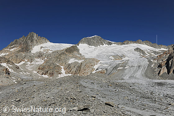 Foto: Auf dem Tiefengletscher umgeben von Eis und Geröll und mit Blick auf Gross Bielenhorn und Galenstock.
