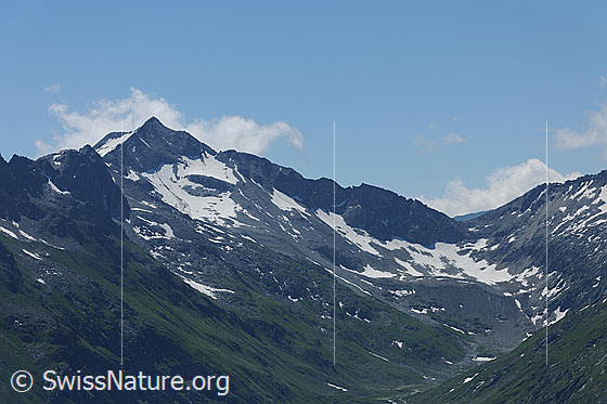 Foto: Pizzo Lucendro von N.
Gletscher: Reste des Meschitollerfirn (unterhalb Gipfel und Pass im rechten Bildteil).