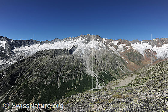 Foto: Gesamtansicht des Dammastock-Massivs. Davor das Chelenalptal.
Gipfel: Winterstock - Gletschhorn - Galenstock - Tiefenstock - Rhonestock - Dammastock - Schneestock - Eggstock - Maasplanggstock - Hinter Tierberg.
Gletscher: Dammagletscher - Rotfirn - Mässplanggstockfirn - Schattmigstockfirn - Maasplanggfirn - Chelengletscher