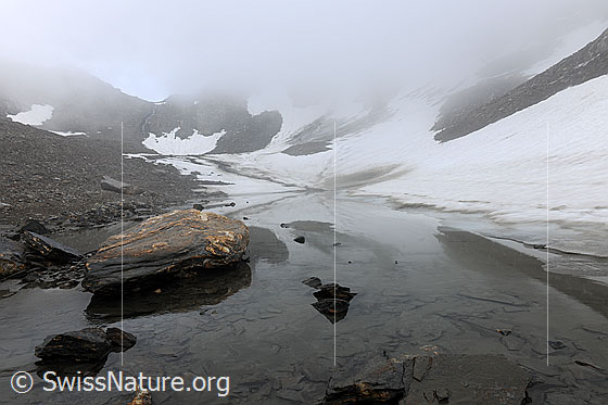 Foto: Stimmungsbild mit Nebel in alpinem Gelände. Im Vordergrund ist ein Felsblock in einem kleinen Bergsee zu sehen. Am Ufer liegt ein Schneefeld.