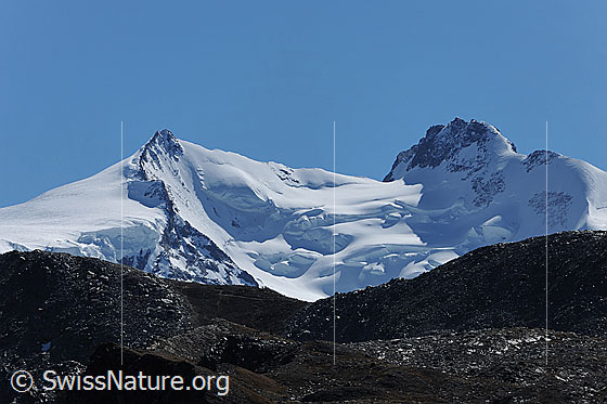 Foto: Nordend und Dufourspitze.
Gletscher: Monte Rosagletscher