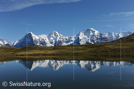 Foto: Spiegelung der Berge in Bergsee. Eiger, Mönch und Jungfrau spiegeln sich im blauen Bergsee.