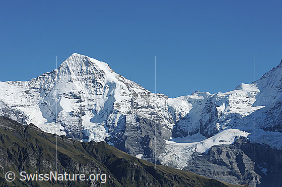 Foto: Mönch und Jungfraujoch.
Sonnenbeschienene Nordwand und Nollen des Viertausenders. 
Gletscher: Eigergletscher und Guggigletscher