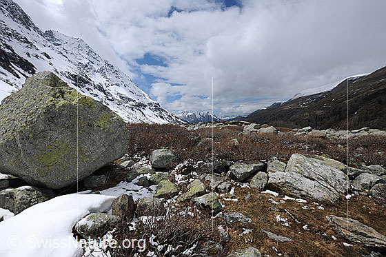 Foto: Felsblock in Naturlandschaft mit Wolkenstimmung. In der Umgebung liegen noch Schneereste.