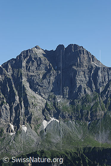 Foto: Ortstock.
Blick in die Felswand mit Pfeilern und Rippen.