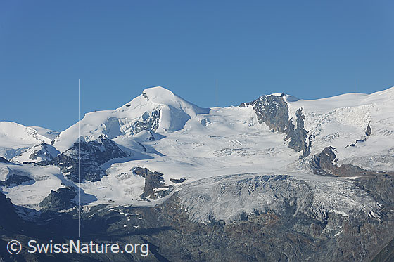 Photo: Allalinhorn and Fee glacier.
Glaciers: Chessjen Glacier (below from the left to the rock bar left of the centre of the picture) - Fee Glacier (right and above the rock bar).