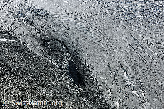 Foto: Mellichgletscher.
Ausgeaperter Gletscher und Gletscherrand.