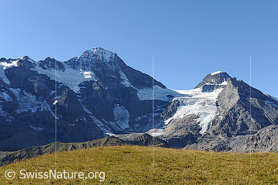 Foto: Lauterbrunnen Breithorn, Wetterlücke und Tschingelhorn mit Alpweide im Vordergrund.
Gletscher: Obere Breithorngletscher, Breithorngletscher und Wetterlückengletscher.
