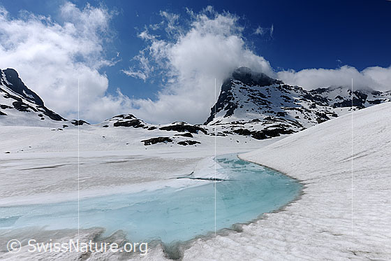 Foto: Hellblaues Wasser auf der Eisdecke eines tauenden Bergsees Die Berglandschaft ist noch schneebedeckt und der See grösstenteils zugefroren. Über den Bergen sind Quellwolken zu sehen.