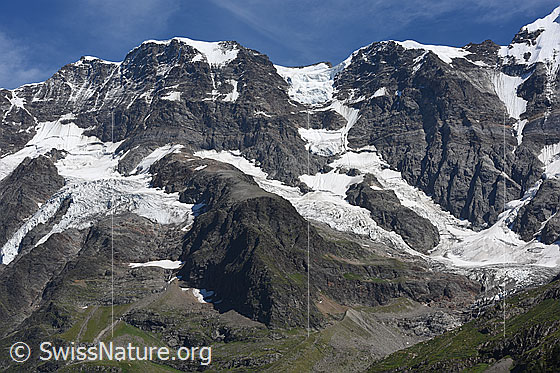 Foto: Berg- und Gletscherwelt im hinteren Lauterbrunnental.
Gipfel: Mittaghorn (Nordwand).
Gletscher: Südlicher Breitlouwenengletscher und Vordre Schmadrigletscher.