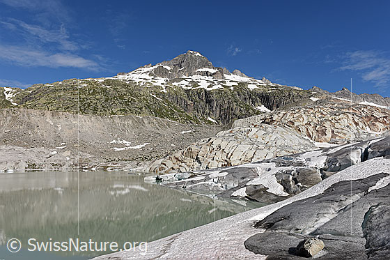Foto: An der Gletscherzunge des Rhonegletschers. Die Zunge mündet in den Rottensee. Im Gletschersee spiegeln sich die Gärstenhörner und die mächtige Seitenmoräne des Gletschers.

