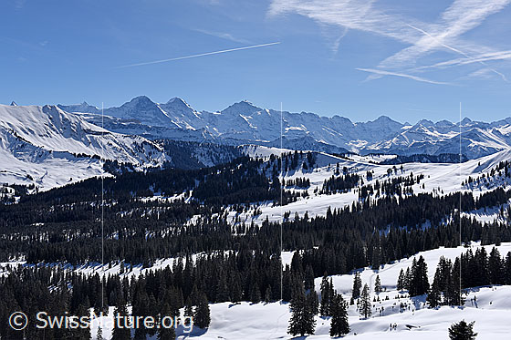 Foto: Winterliche Landschaft mit Eiger, Mönch und Jungfrau im Hintergrund.