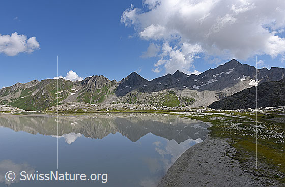 Foto: Spiegelung einer Berglandschaft und Wolkenhimmel.